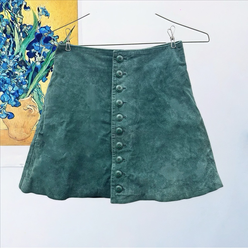 Express Vintage ‘90’s Green Suede Button-Up A-Line Mini Skirt